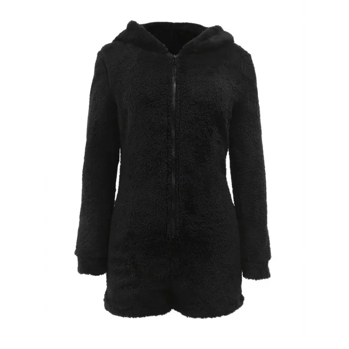 Kadın Uzun Kollu Kapişon Ve Fermuar Detaylı Peluş şort Tulum