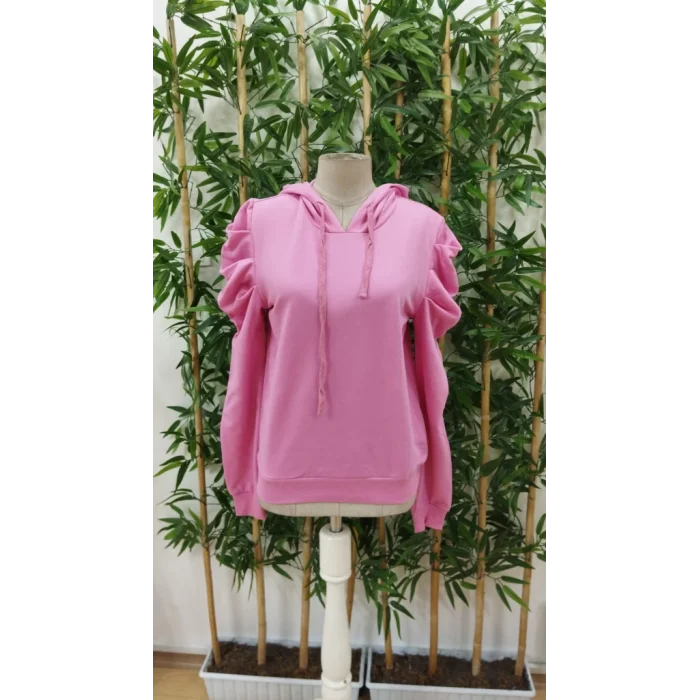 Kadın Uzun Kollu Kapşonlu Bağcıklı Kollarda Büzgü Detaylı Iki Iplik Bluz