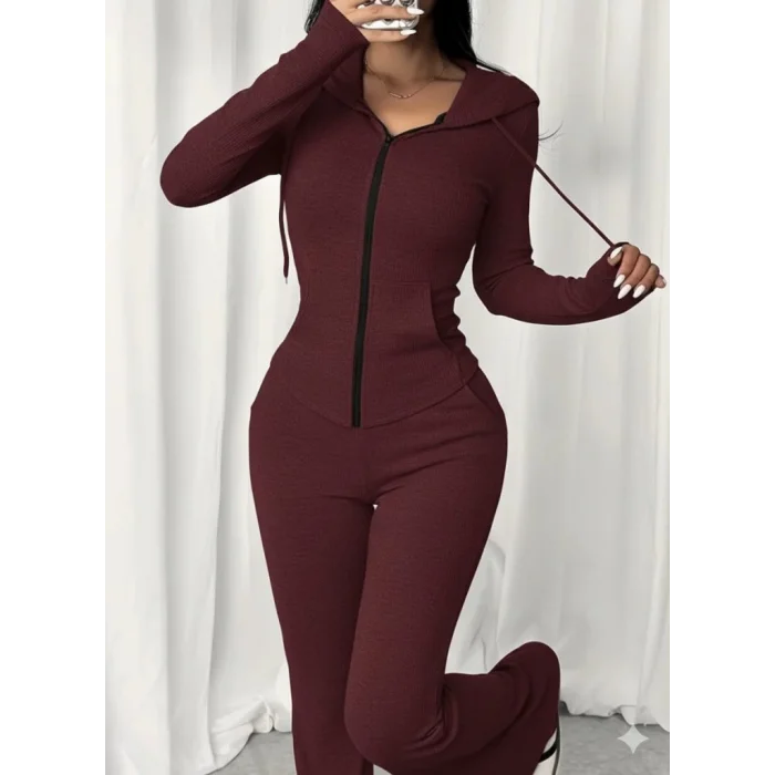 Kadın Uzun Kollu Kapşonlu Bağcıklı önü Fermuarlı Viskon Iki Iplik Bluz Ve Pantolon Ikili Takım