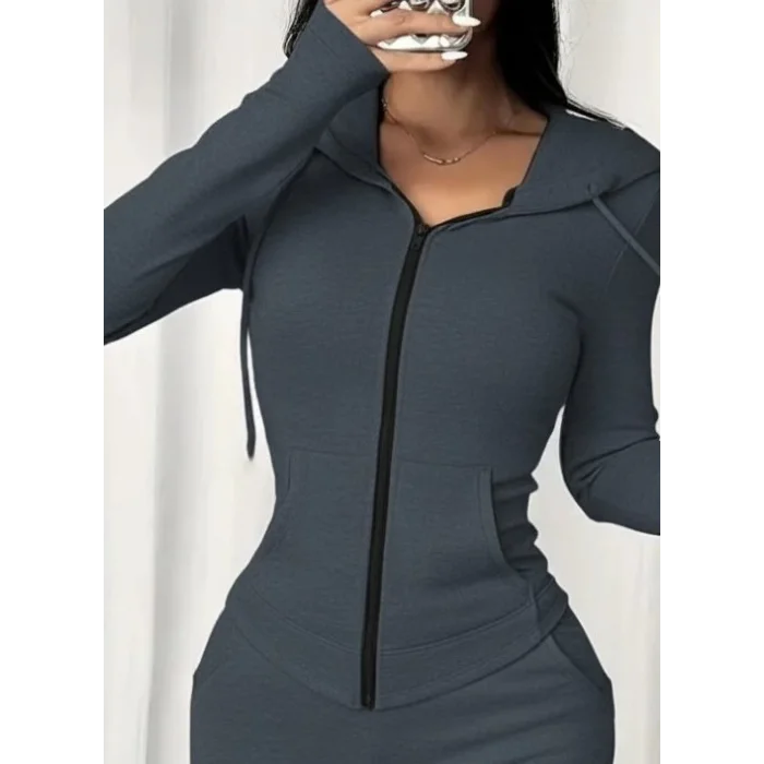 Kadın Uzun Kollu Kapşonlu Bağcıklı önü Fermuarlı Viskon Iki Iplik Bluz Ve Pantolon Ikili Takım