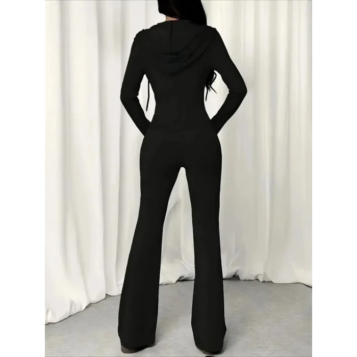 Kadın Uzun Kollu Kapşonlu Bağcıklı önü Fermuarlı Viskon Iki Iplik Bluz Ve Pantolon Ikili Takım