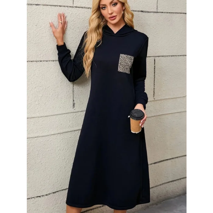 Kadın Uzun Kollu Kapşonlu Cep Detaylı Viskon Iki Iplik Maxi Elbise