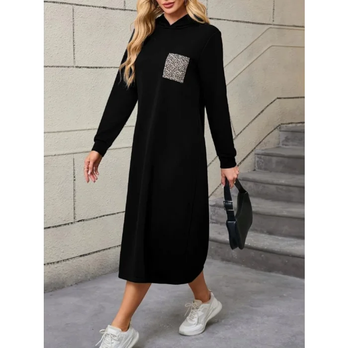 Kadın Uzun Kollu Kapşonlu Cep Detaylı Viskon Iki Iplik Maxi Elbise