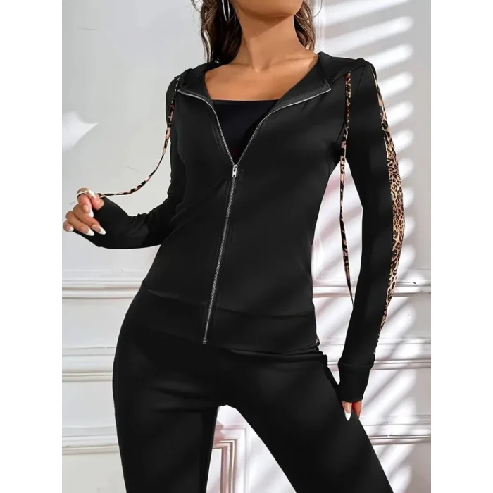 Kadın Uzun Kollu Kapşonlu Fermuarlı Bağcıklı Viskon Iki Iplik Bluz Ve Pantolon Tayt