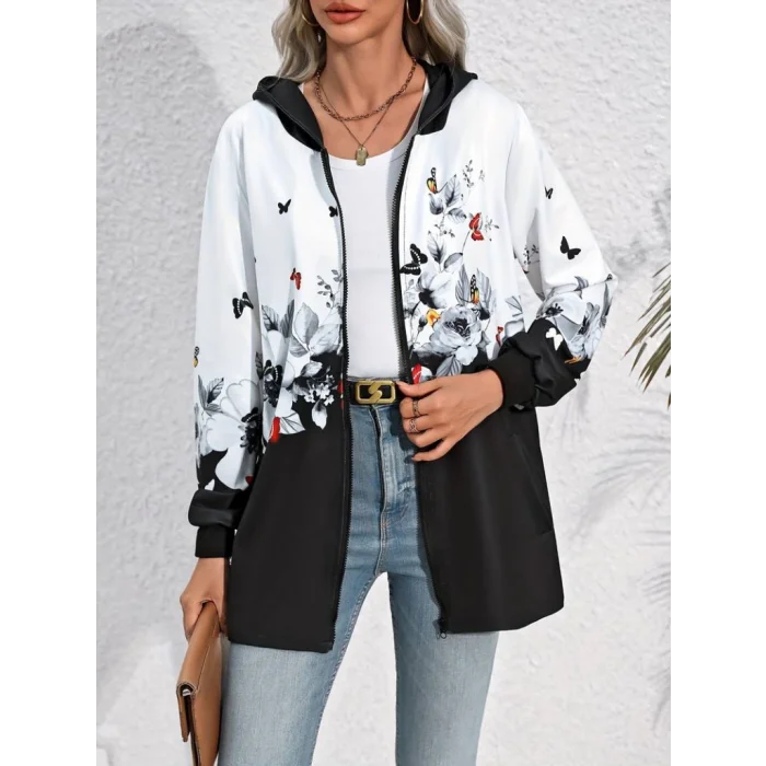 Kadın Uzun Kollu Kapşonlu Fermuarlı çiçek-kelebek Desenli şardonlu Dalgıç Ceket