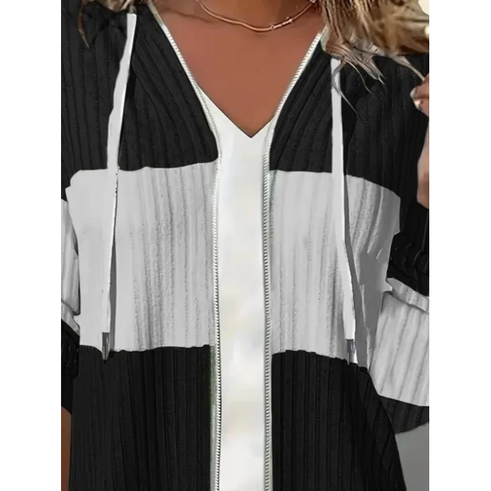 Kadın Uzun Kollu Kapşonlu önden Fermuarlı Blok Desenli şardonlu Kaşkorse Ceket