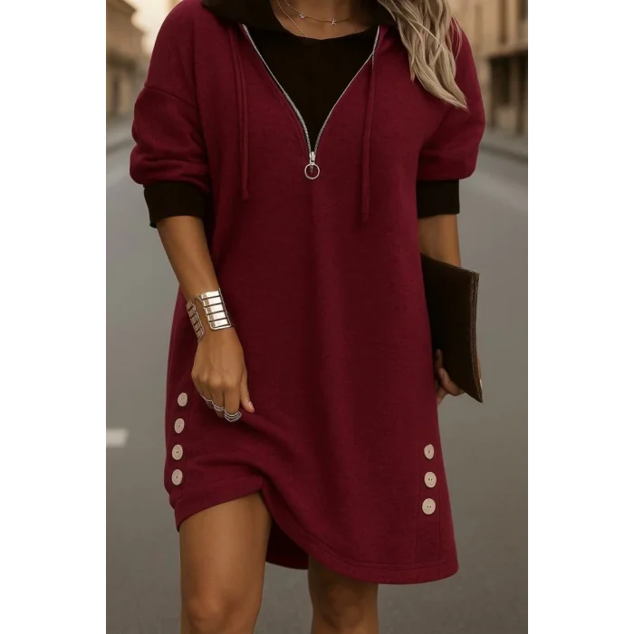 Kadın Uzun Kollu Kapşonlu önden Fermuarlı Düğmeli Mini Iki Iplik Elbise