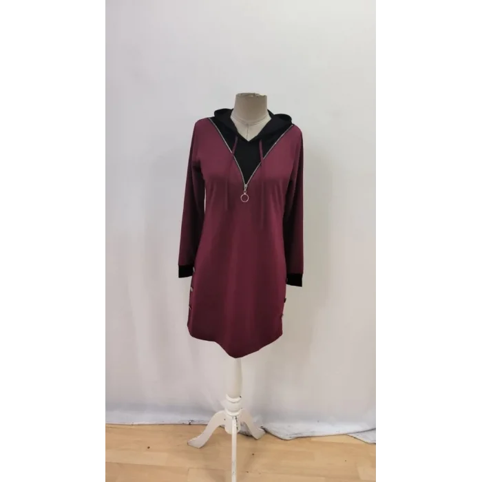 Kadın Uzun Kollu Kapşonlu önden Fermuarlı Düğmeli Mini Iki Iplik Elbise