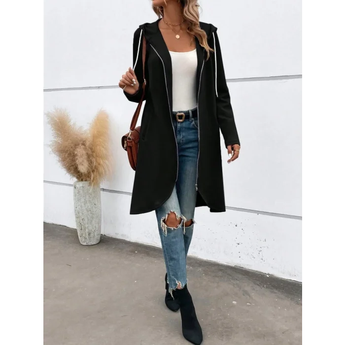 Kadın Uzun Kollu Kapşonlu önden Fermuarlı Midi Dalgıç Ceket