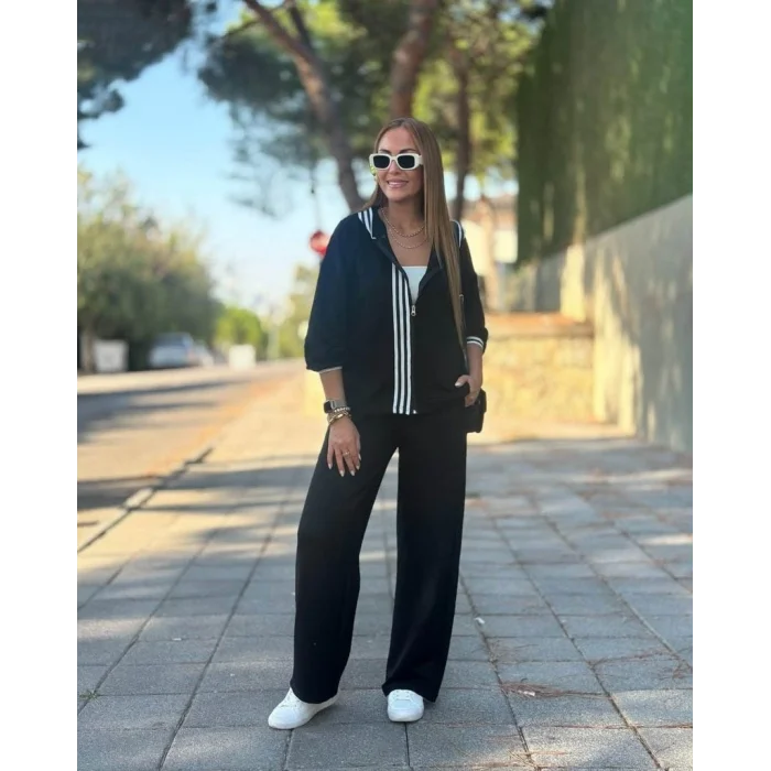 Kadın Uzun Kollu Kapşonlu Onu şerit Detaylı Fermuarlı Viskon Iki Iplik Bluz Ve Pantolon Ikili Takım