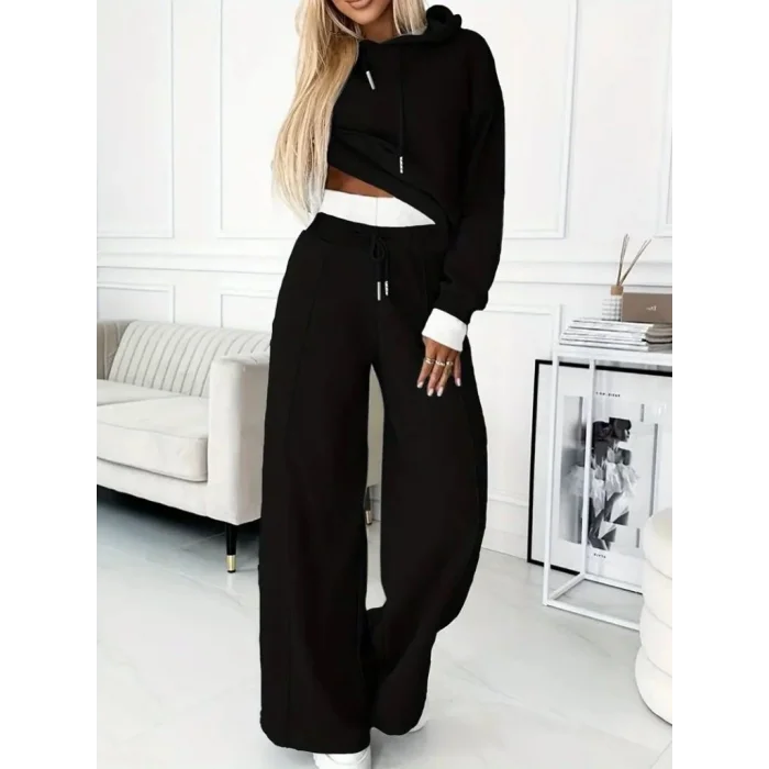 Kadın Uzun Kollu Kapşonlu Viskon Iki Iplik Bluz Ve Pantolon Ikili Takım