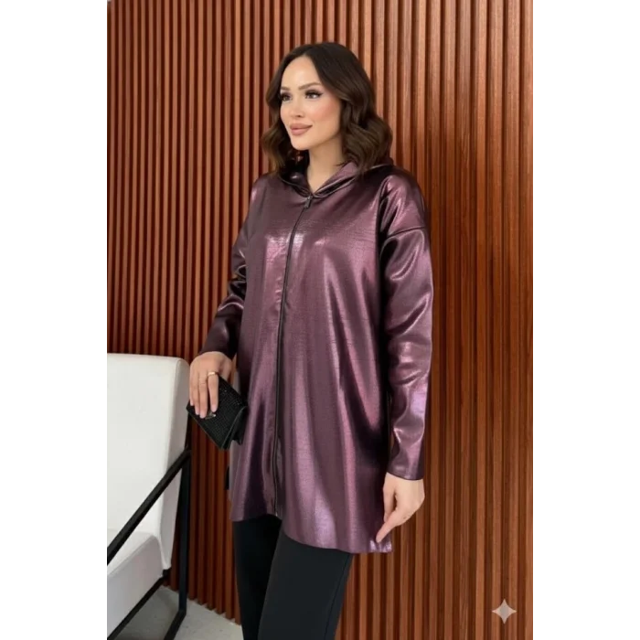 Kadın Uzun Kollu Kapüşon Detay Fermuarlı Tunik Hırka