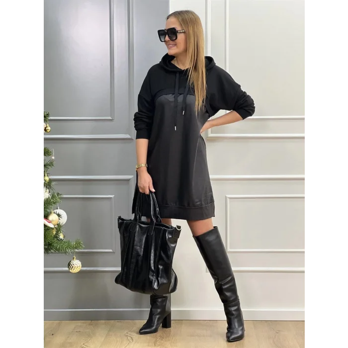 Kadın Uzun Kollu Kapüşon Ve Deri Detay Diz üstü Elbise