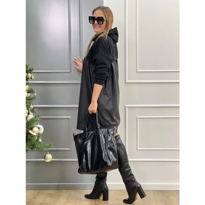 Kadın Uzun Kollu Kapüşon Ve Deri Detay Diz üstü Elbise