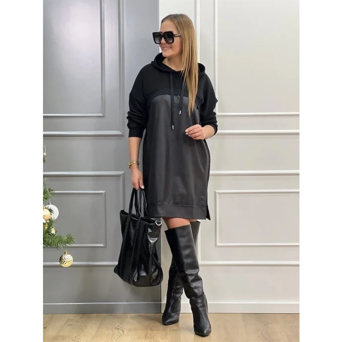 Kadın Uzun Kollu Kapüşon Ve Deri Detay Diz üstü Elbise