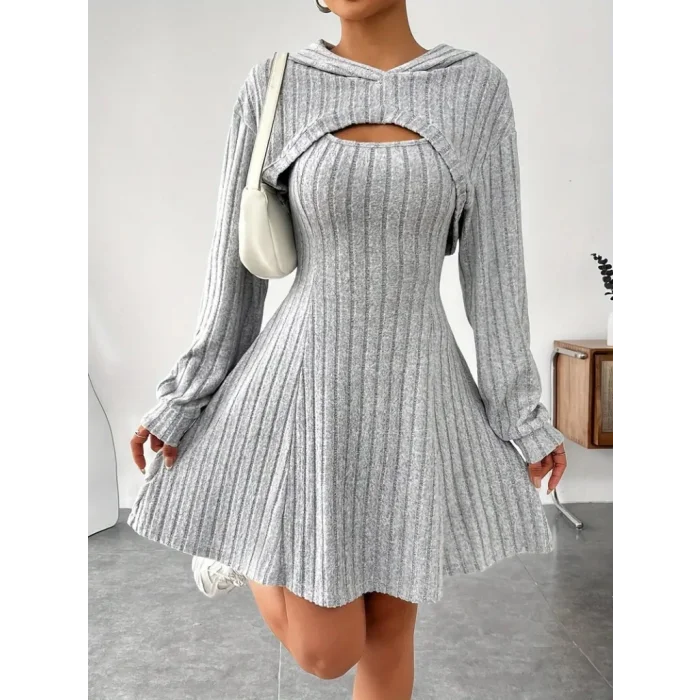 Kadın Uzun Kollu Kapüşonlu Ceket üst Ve Askısız Kare Yaka A Kesim şardonlu Kaşkorse Elbise