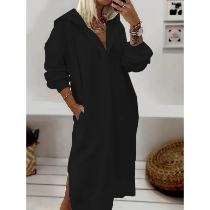 Kadın Uzun Kollu Kapüşonlu Yakası Açık Modal Elbise