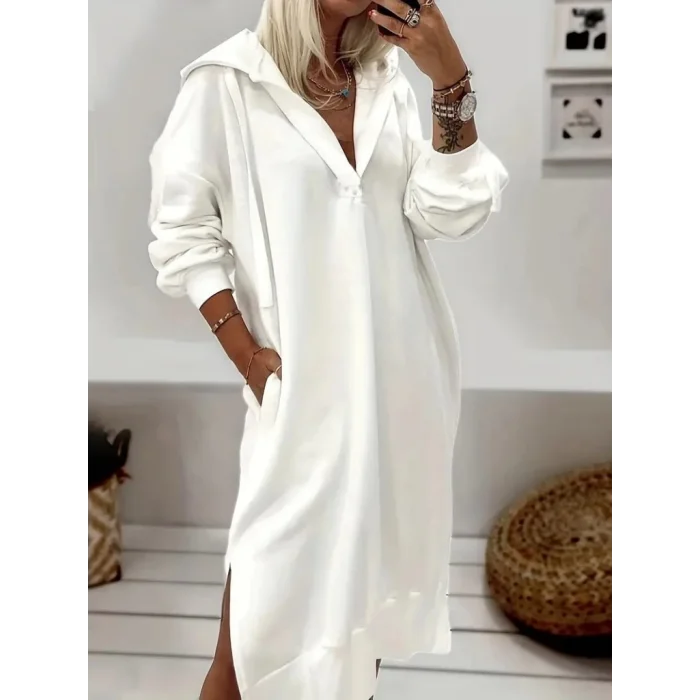 Kadın Uzun Kollu Kapüşonlu Yakası Açık Modal Elbise