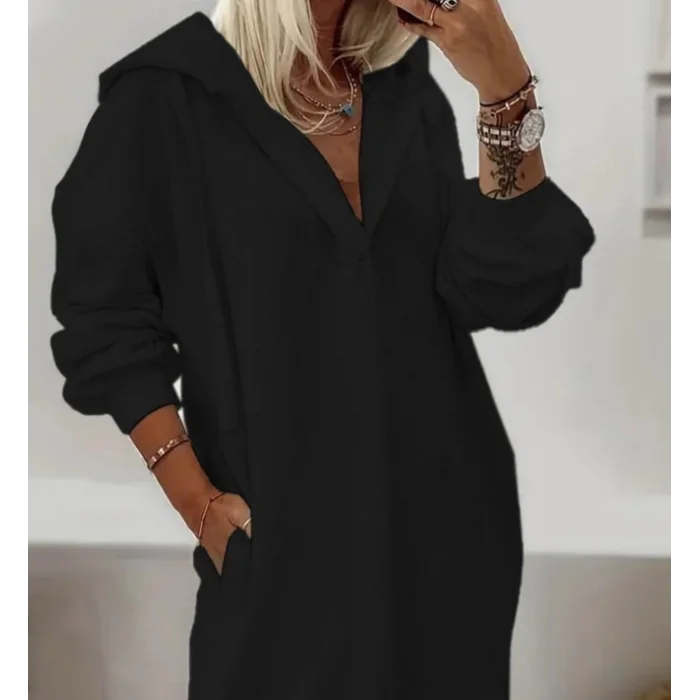 Kadın Uzun Kollu Kapüşonlu Yakası Açık Modal Elbise