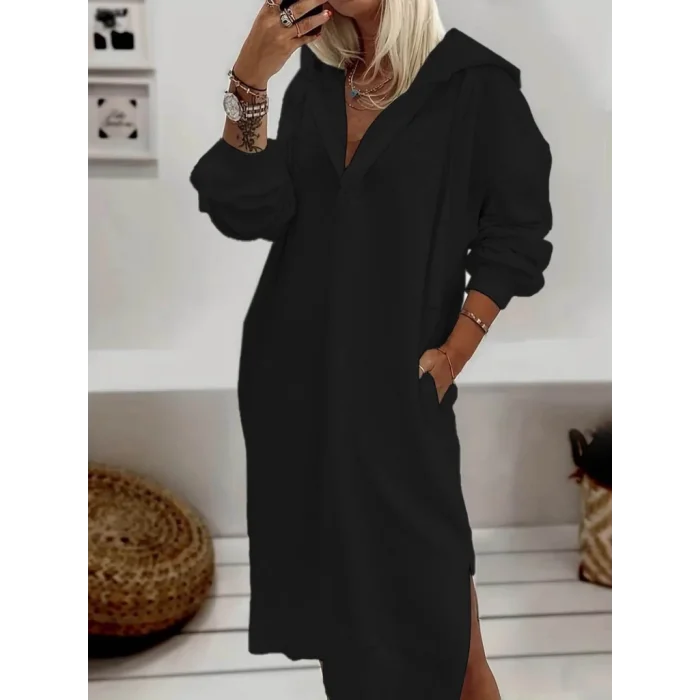 Kadın Uzun Kollu Kapüşonlu Yakası Açık Modal Elbise