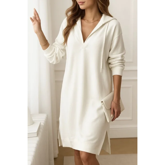 Kadın Uzun Kollu Kapüşonlu Yakası Açık Modal Elbise