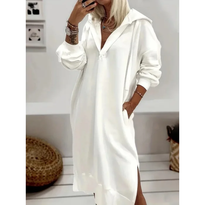 Kadın Uzun Kollu Kapüşonlu Yakası Açık Modal Elbise