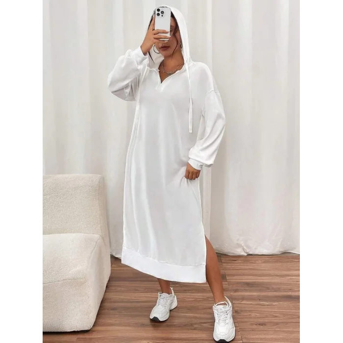 Kadın Uzun Kollu Kapüşonlu Yakası Açık Modal Elbise
