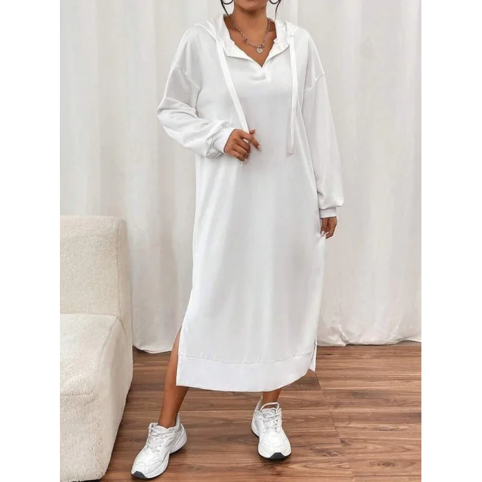 Kadın Uzun Kollu Kapüşonlu Yakası Açık Modal Elbise