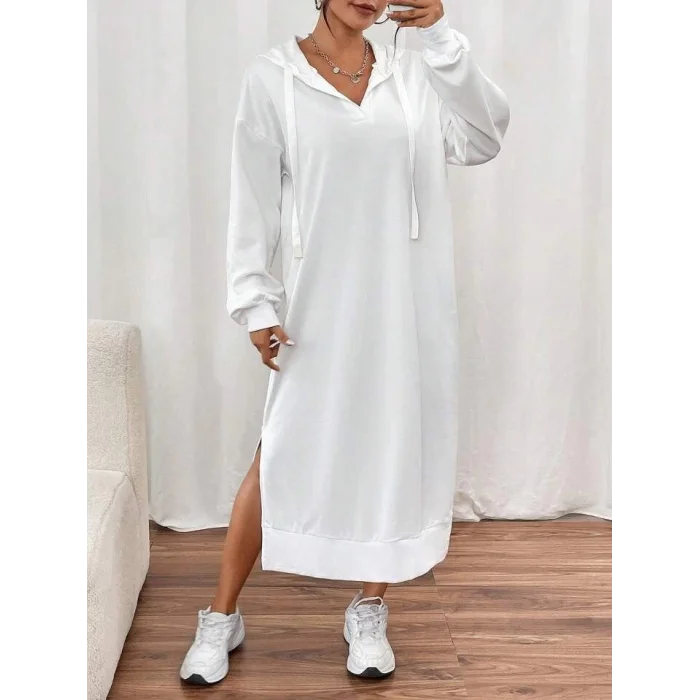 Kadın Uzun Kollu Kapüşonlu Yakası Açık Modal Elbise