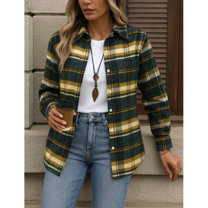 Kadın Uzun Kollu Kare Desenli önden Düğmeli Dokuma Gömlek