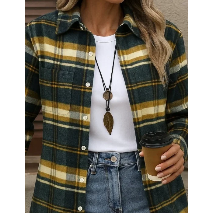 Kadın Uzun Kollu Kare Desenli önden Düğmeli Dokuma Gömlek