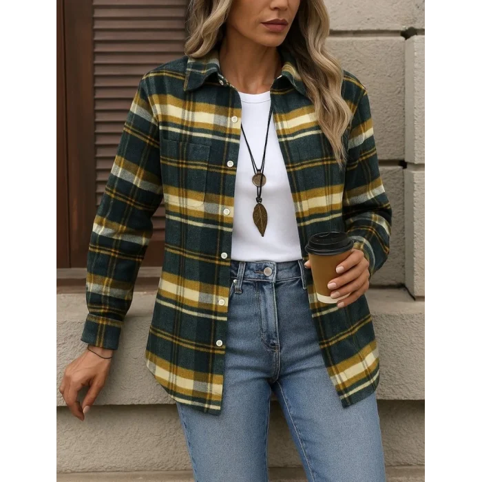 Kadın Uzun Kollu Kare Desenli önden Düğmeli Dokuma Gömlek