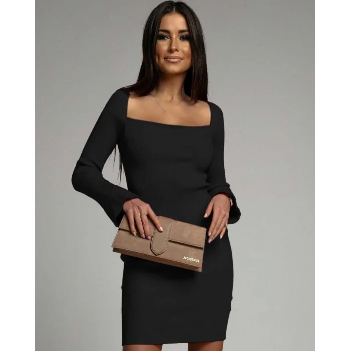 Kadın Uzun Kollu Kare Yaka Kol Ucu Ispanyol Triko Elbise