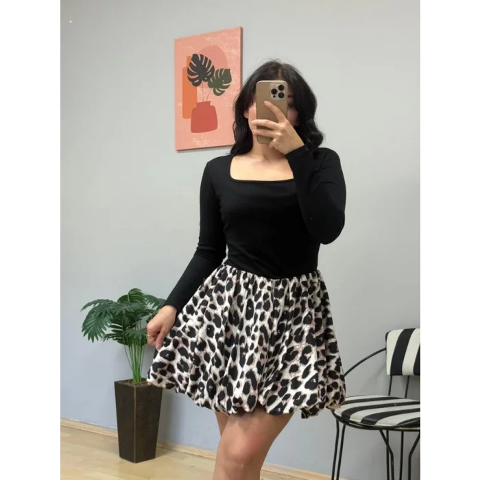 Kadın Uzun Kollu Kare Yaka Mini Balon Modal Elbise