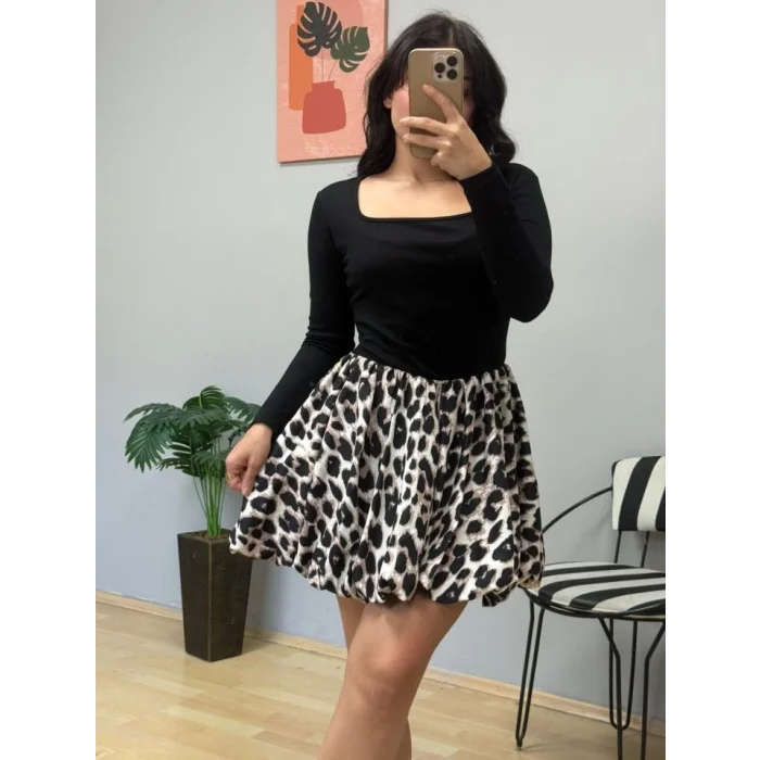 Kadın Uzun Kollu Kare Yaka Mini Balon Modal Elbise