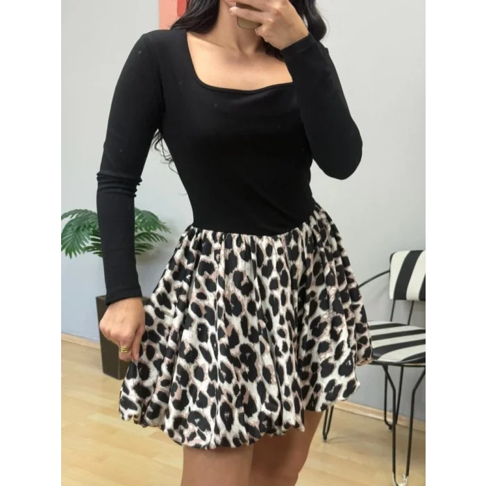 Kadın Uzun Kollu Kare Yaka Mini Balon Modal Elbise