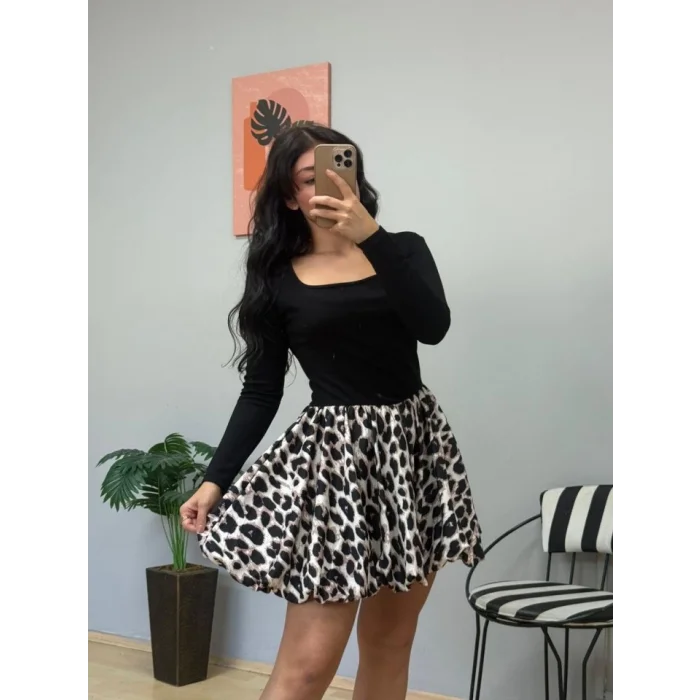 Kadın Uzun Kollu Kare Yaka Mini Balon Modal Elbise