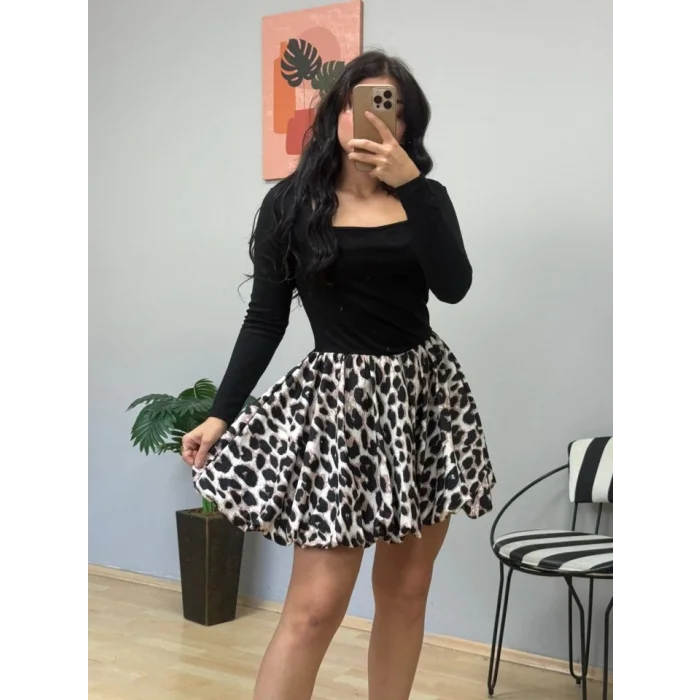 Kadın Uzun Kollu Kare Yaka Mini Balon Modal Elbise