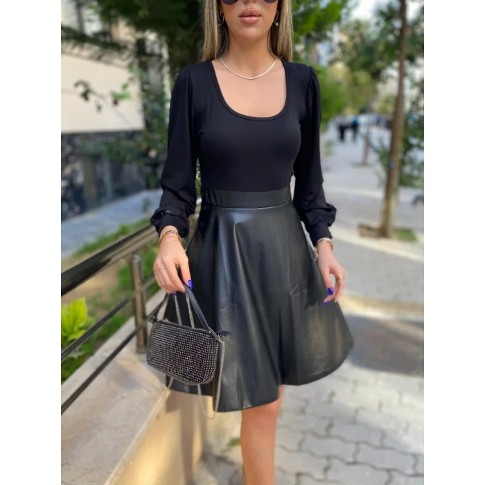 Kadın Uzun Kollu Kare Yaka üst Viskon Alt Deri Mini Elbise