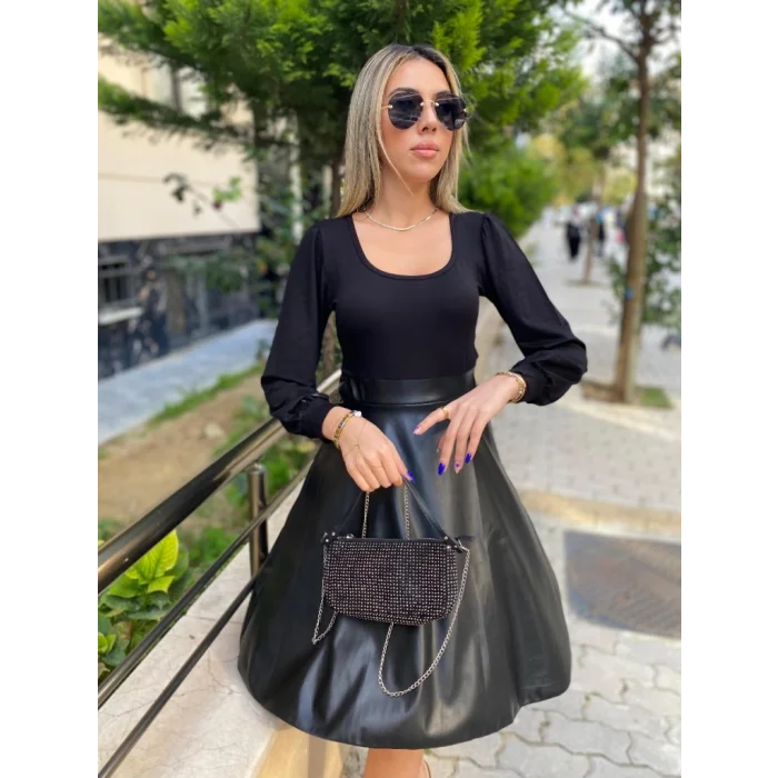 Kadın Uzun Kollu Kare Yaka üst Viskon Alt Deri Mini Elbise