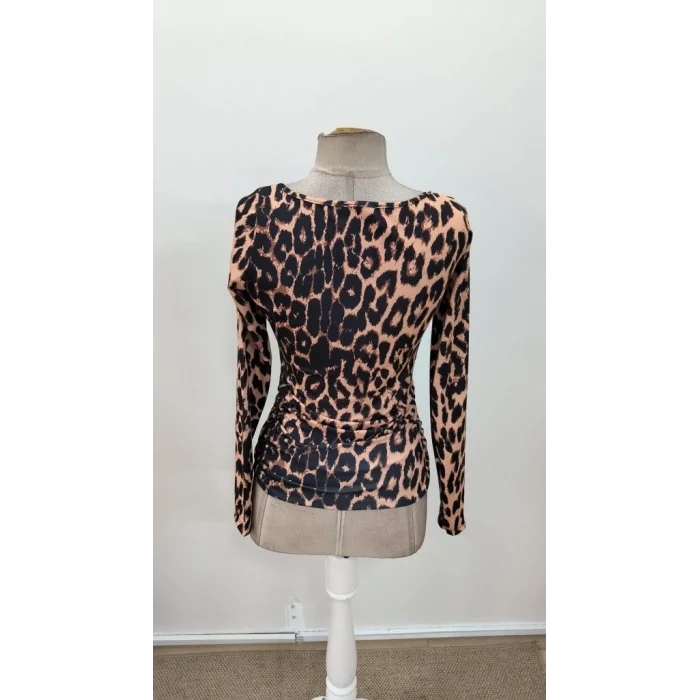 Kadın Uzun Kollu Kare Yakalı Leopar Desenli Dalgıç Bluz