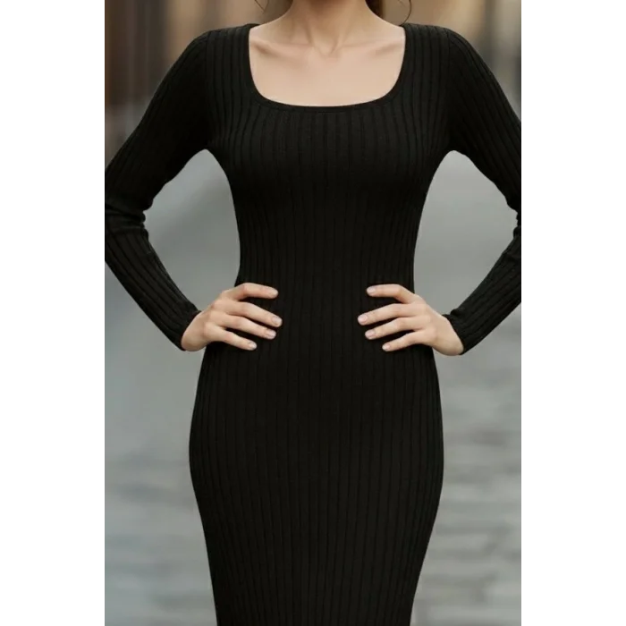 Kadın Uzun Kollu Kare Yakalı Midi şardonlu Kaşkorse Elbise