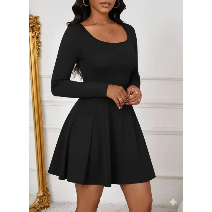 Kadın Uzun Kollu Kare Yakalı Mini Ithal Krep Elbise