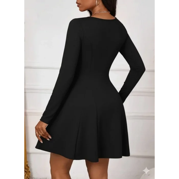 Kadın Uzun Kollu Kare Yakalı Mini Ithal Krep Elbise