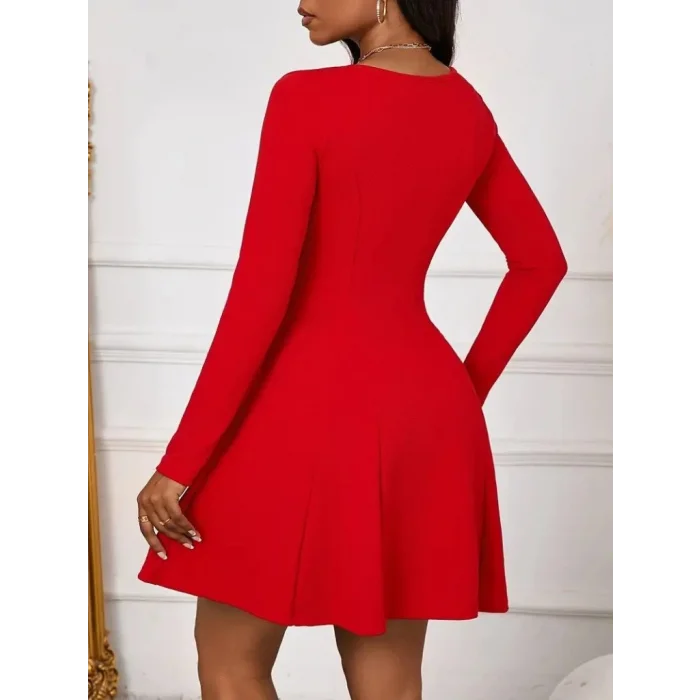 Kadın Uzun Kollu Kare Yakalı Mini Ithal Krep Elbise