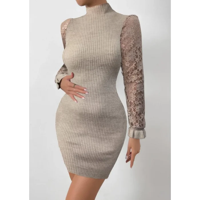 Kadın Uzun Kollu Kollar Tül Detay Triko Mini Boy Elbise