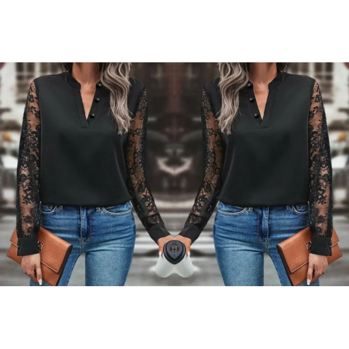 Kadın Uzun Kollu Kolları Dantelli Hakim Yaka Krep Bluz