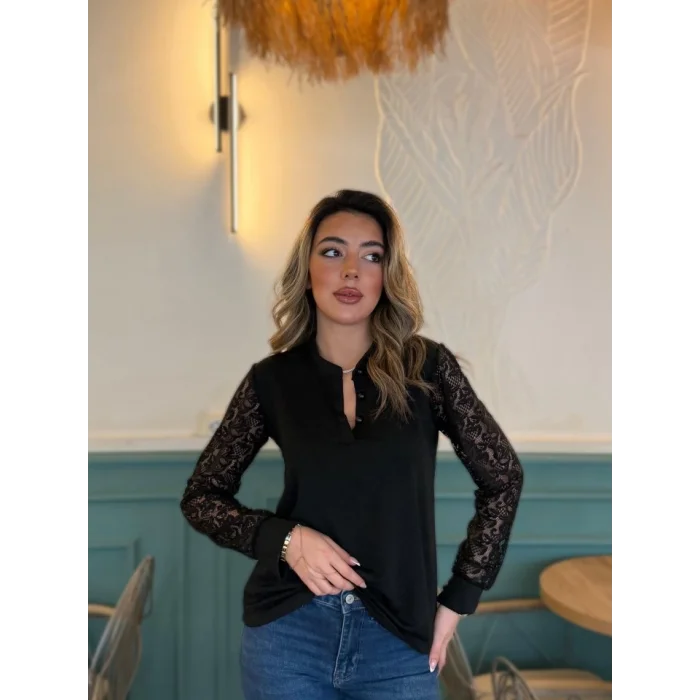 Kadın Uzun Kollu Kolları Dantelli Hakim Yaka Krep Bluz
