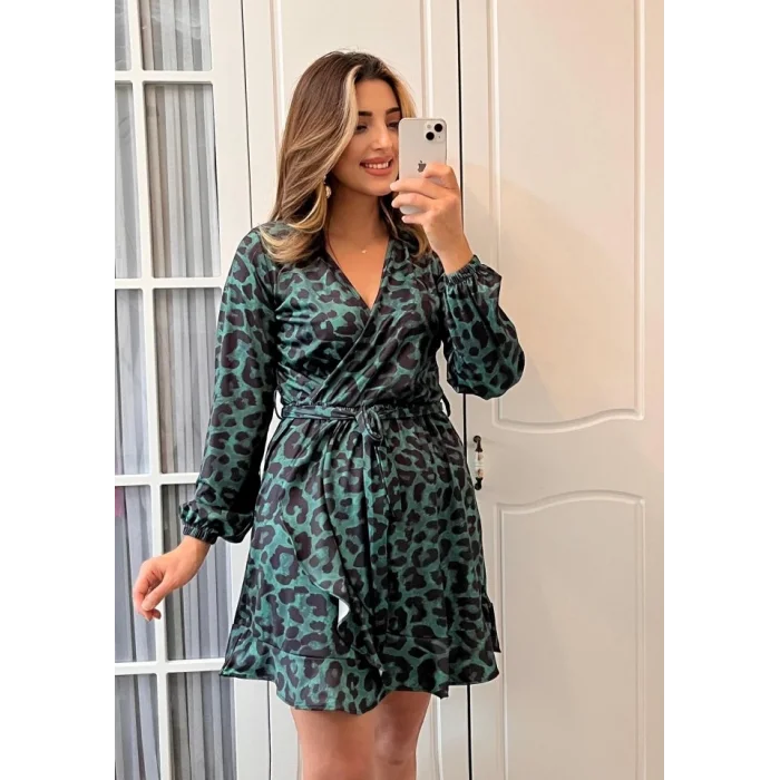 Kadın Uzun Kollu Kruvaze Yaka Belden Kuşaklı Leopar Desenli Dalgıç Elbise