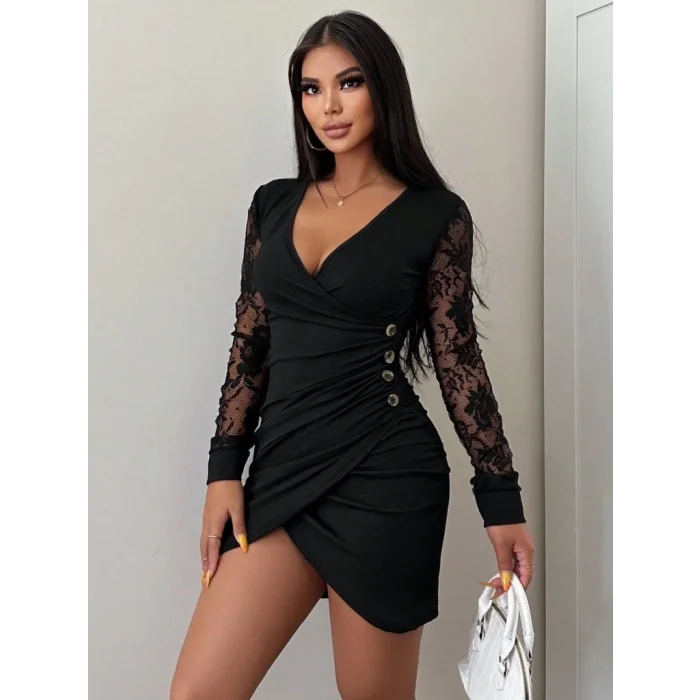 Kadın Uzun Kollu Kruvaze Yaka Beli Düğme Detay Krep Elbise